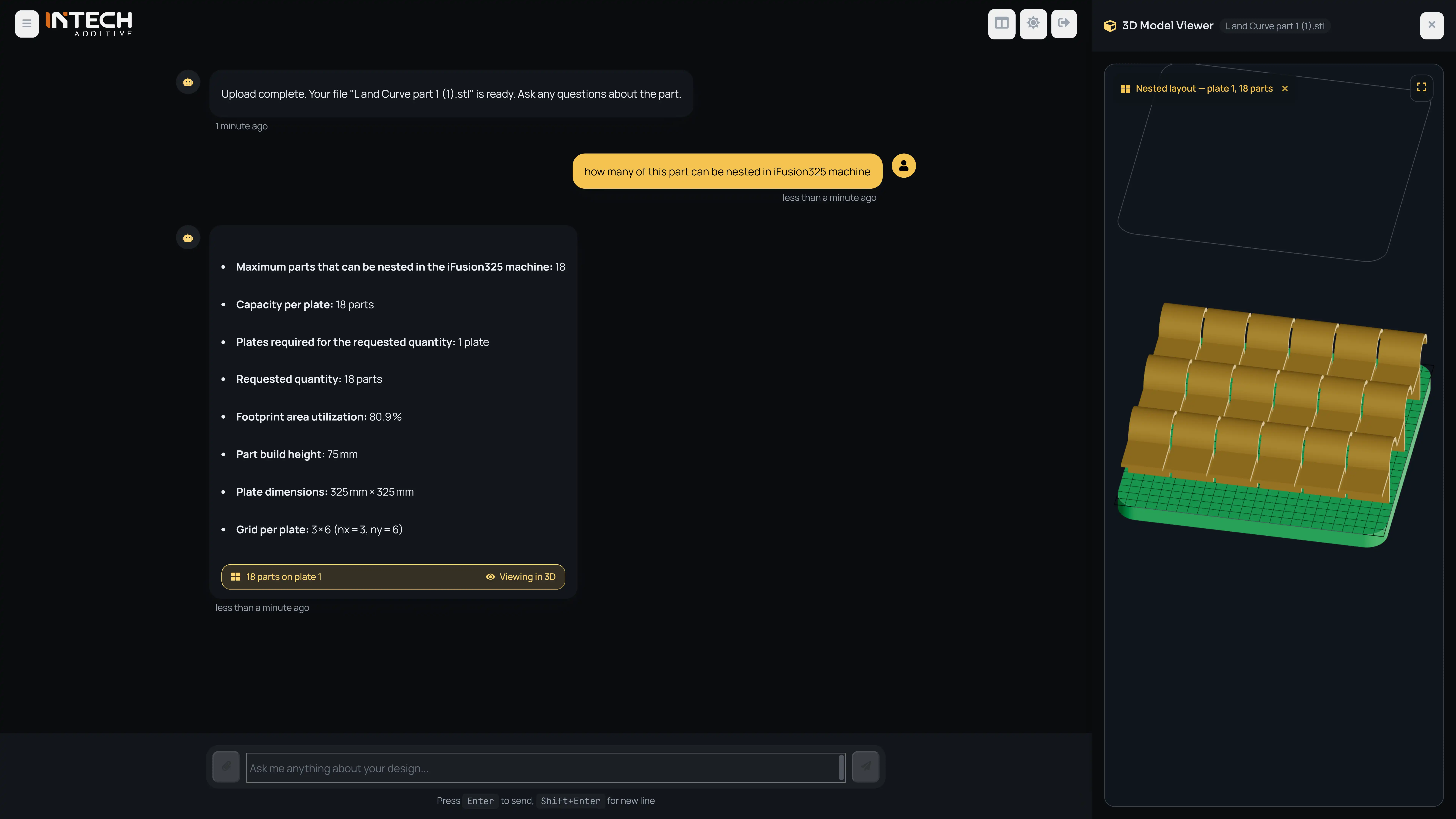 AM Co-pilot answering a materials question alongside a 3D model viewer