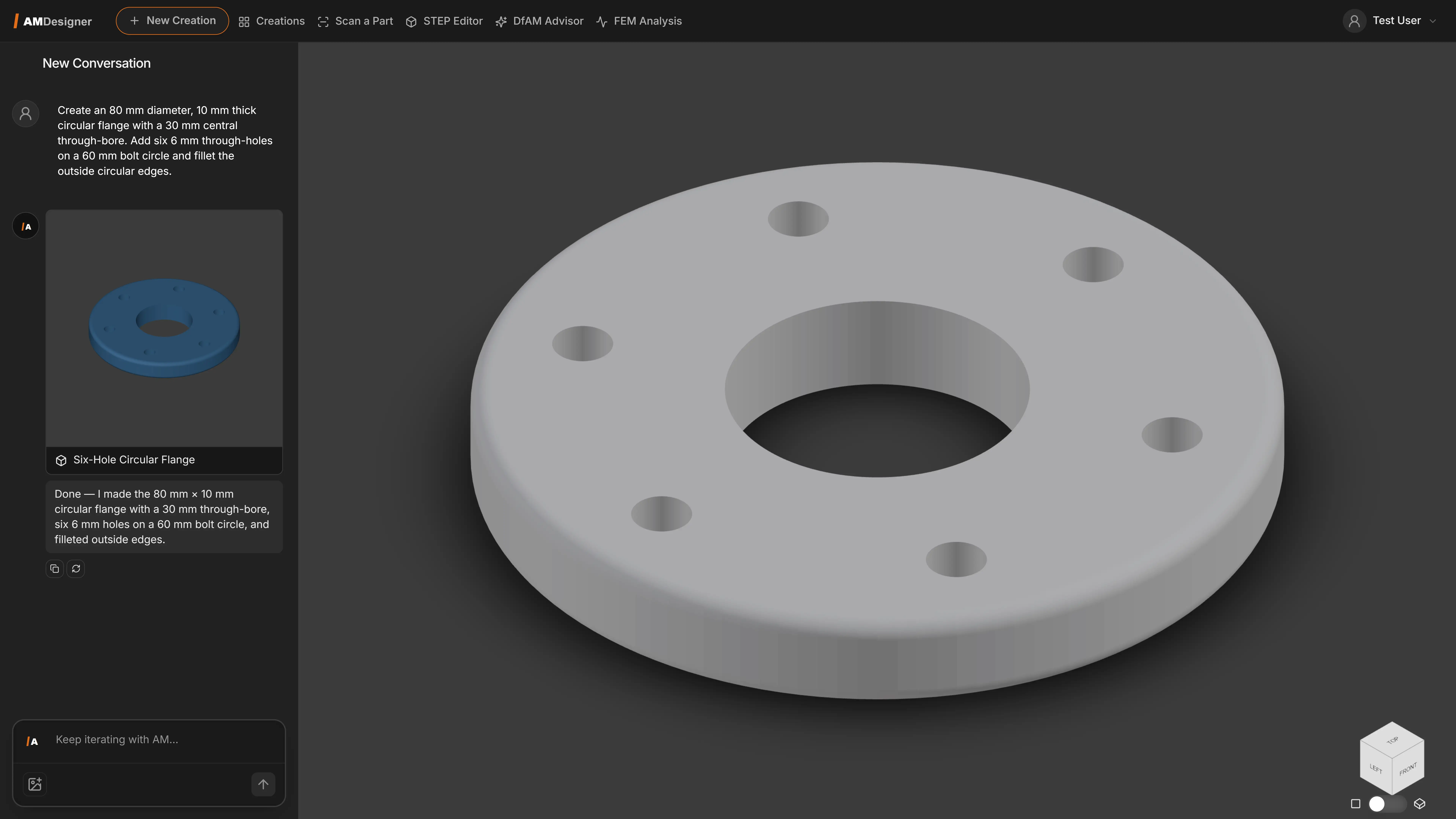 Parametric flange generated by AM Designer with editable dimensions